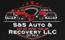 Logo for S&S Auto & Recovery LLC: Two red tow trucks with chains and hook; text below.