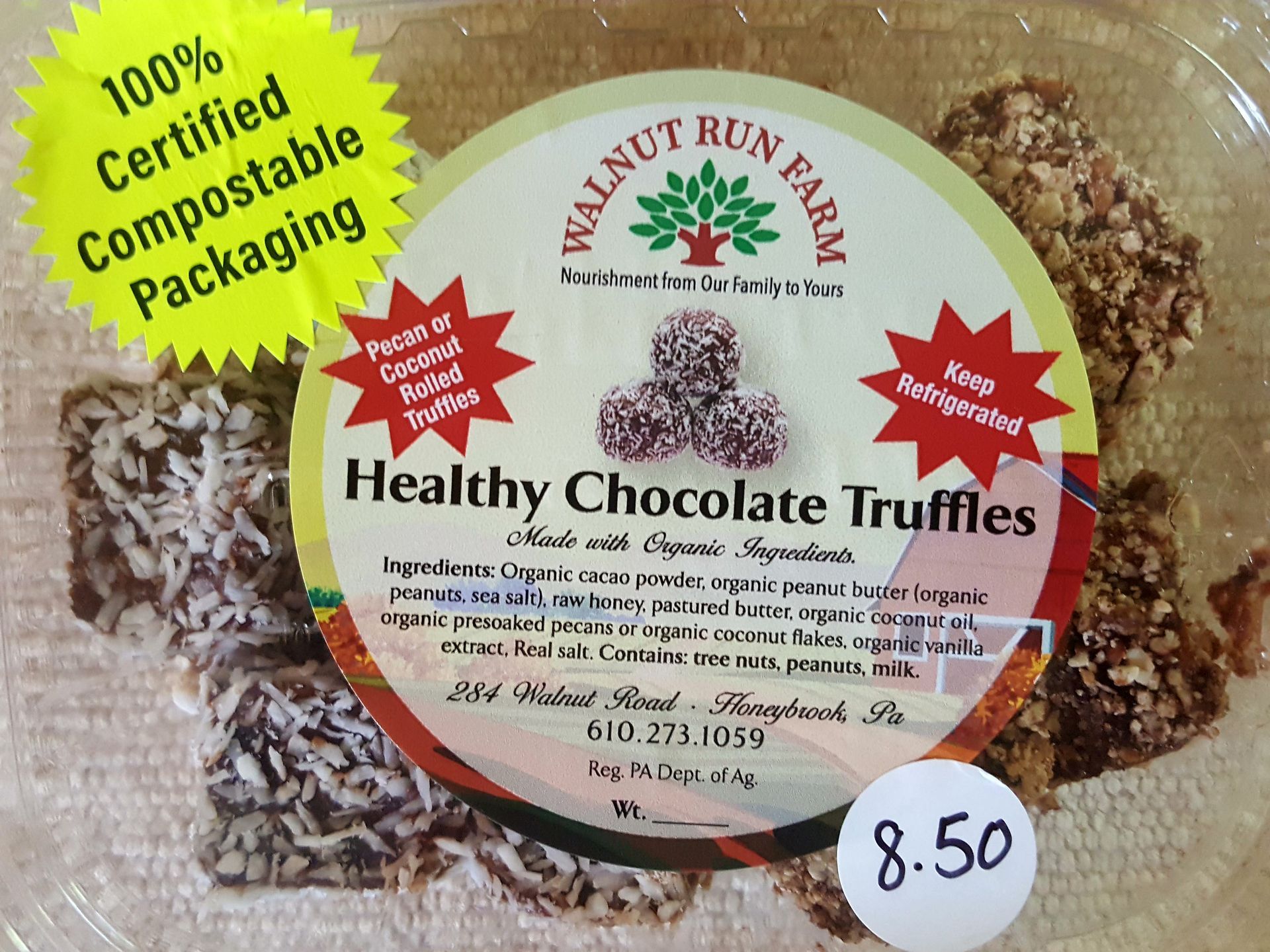 A package of healthy chocolate truffles from walnut run farm