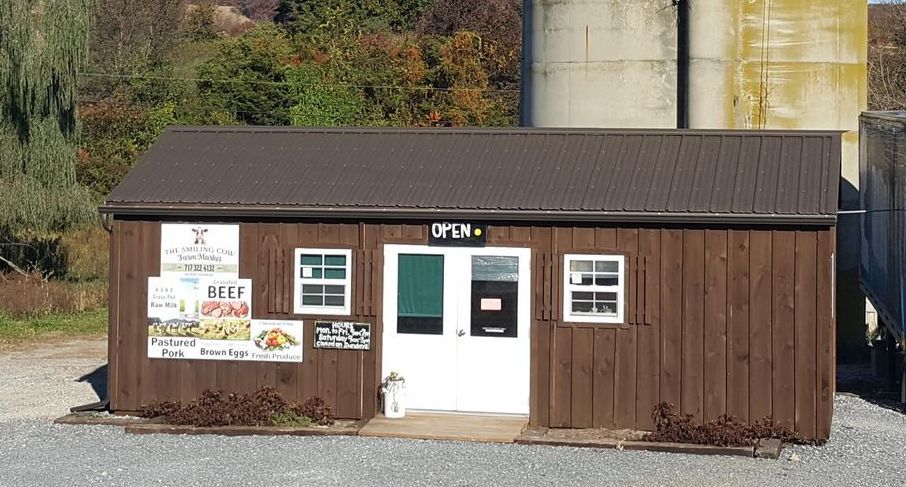 Wide shot of the farm market building