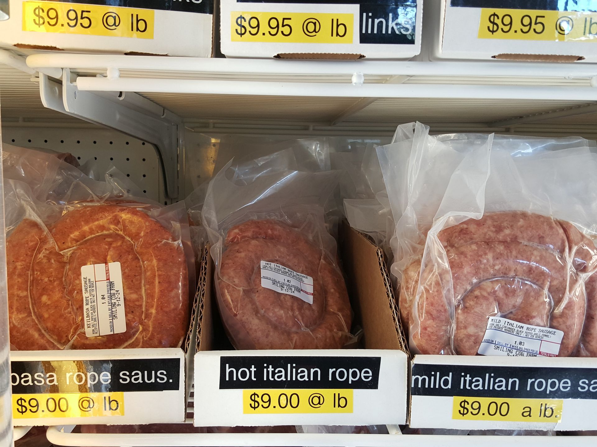 Three bags of hot italian rope sit on a shelf