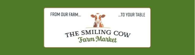 The smiling cow farm market logo with a cow on it
