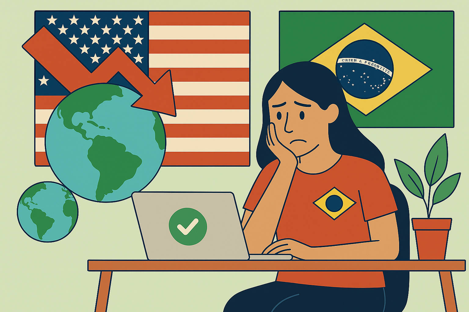 Uma mulher está sentada em uma mesa usando um laptop.