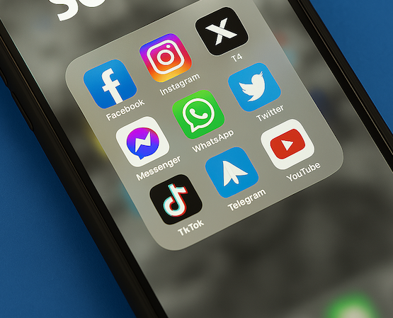 Um close de um celular com ícones de mídia social na tela.