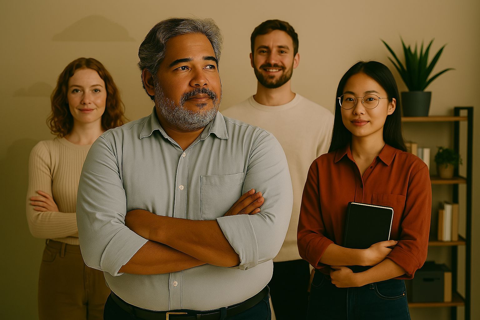 Um homem com barba está parado na frente de um grupo de pessoas.