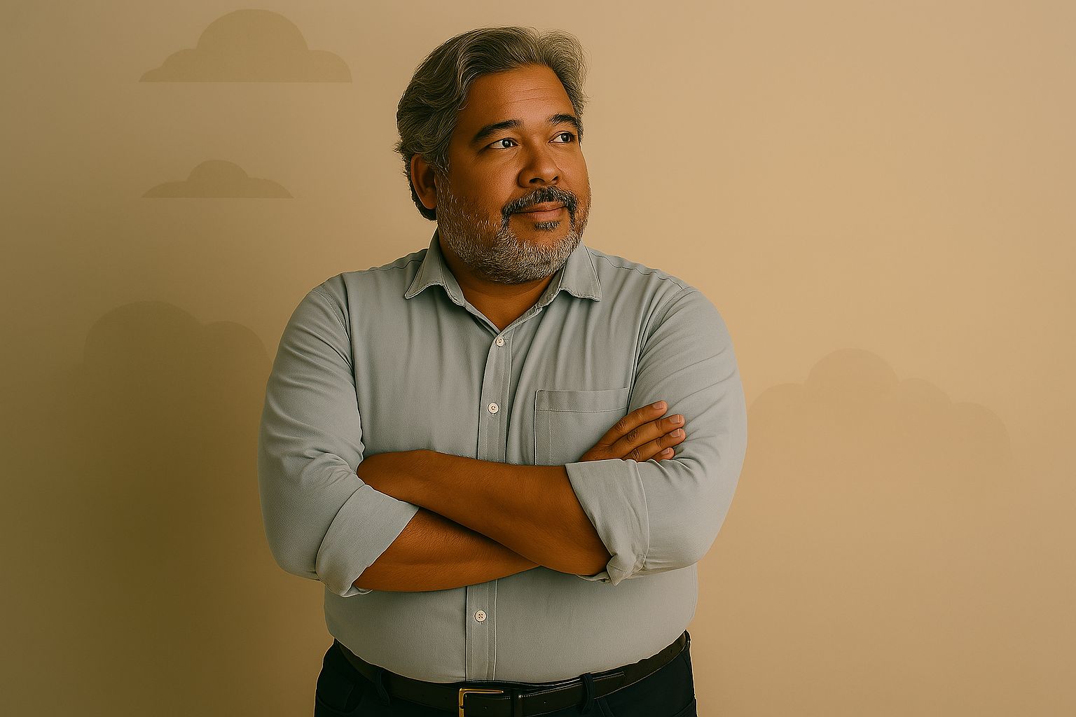 Um homem com barba está de pé com os braços cruzados.