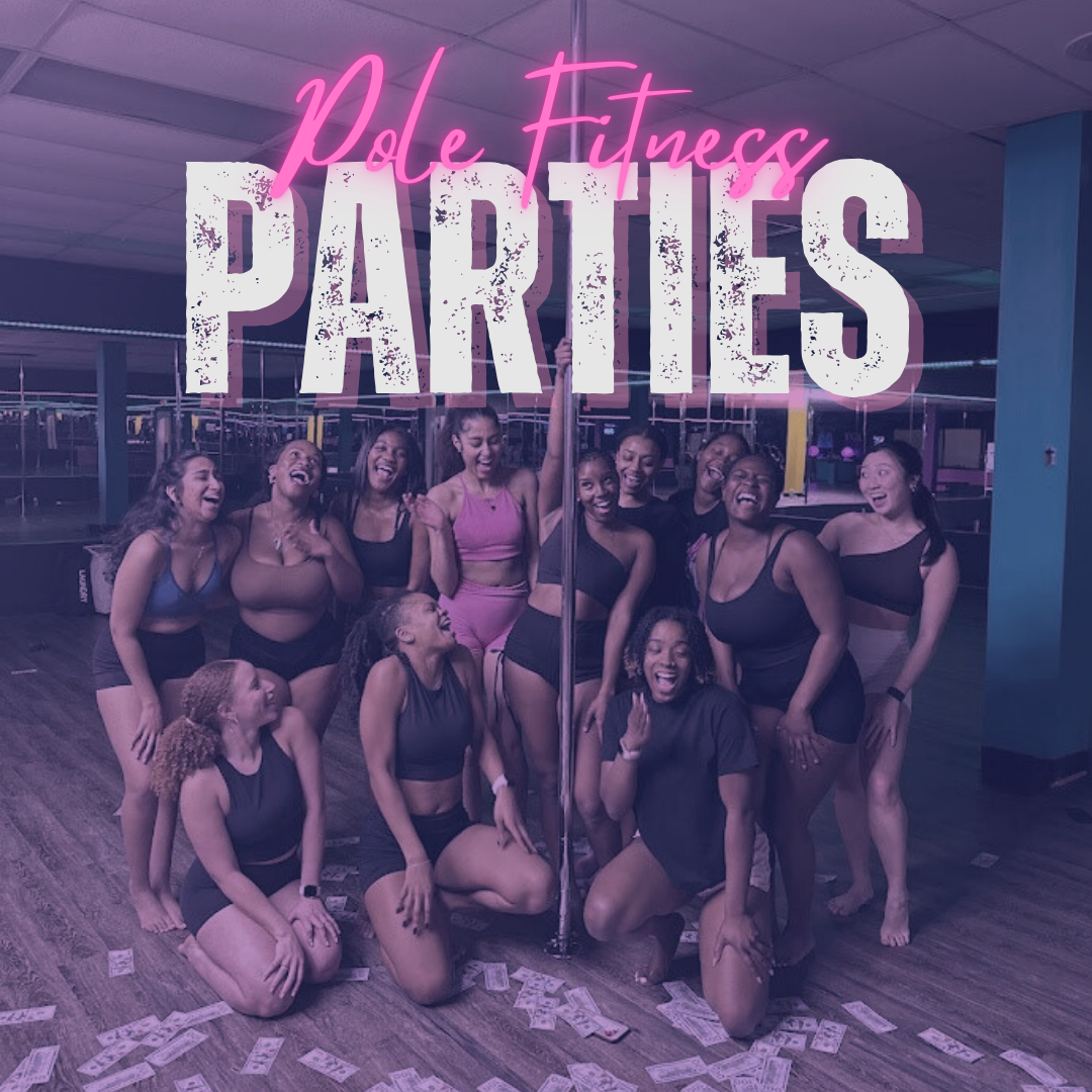 A group of women posing for a picture with the words pole fitness parties written above them