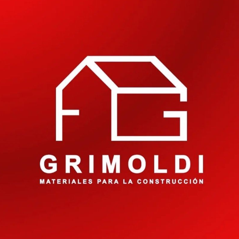Logotipo de materiales de construcción Grimaldi, gráfico blanco sobre fondo rojo. «FG» con forma de casa y texto debajo.