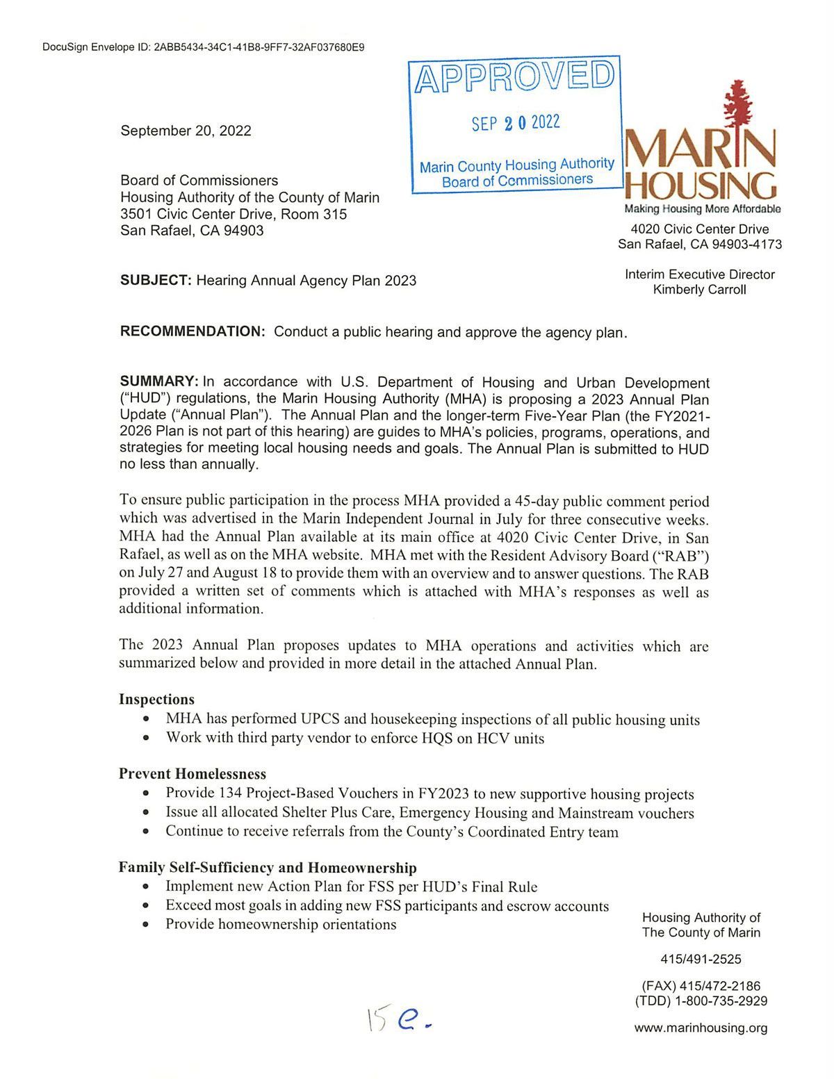 A letter from the marine housing authority is approved.