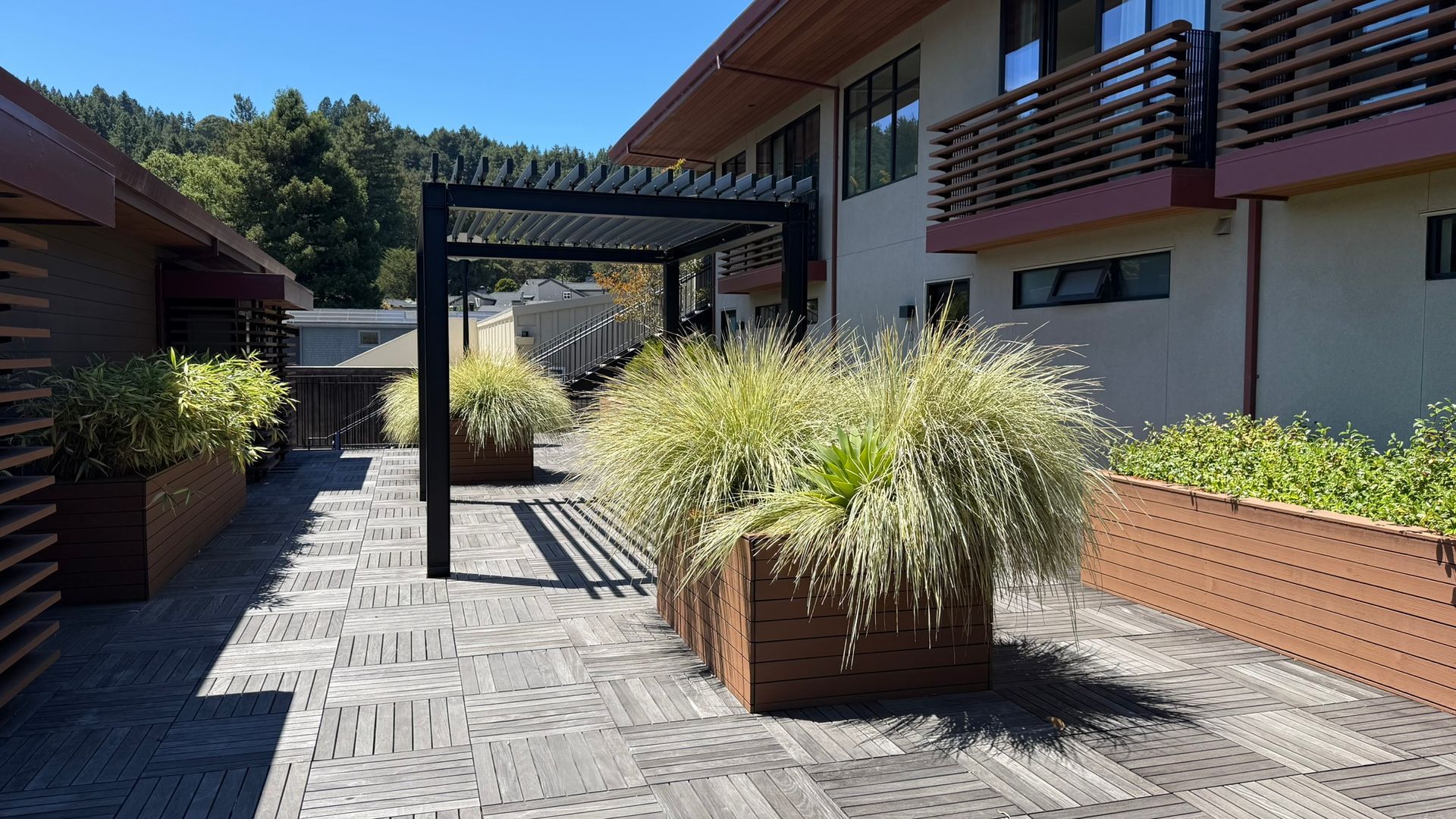 Patio with planters, pergola, and building. Sunny day with textured pavers.