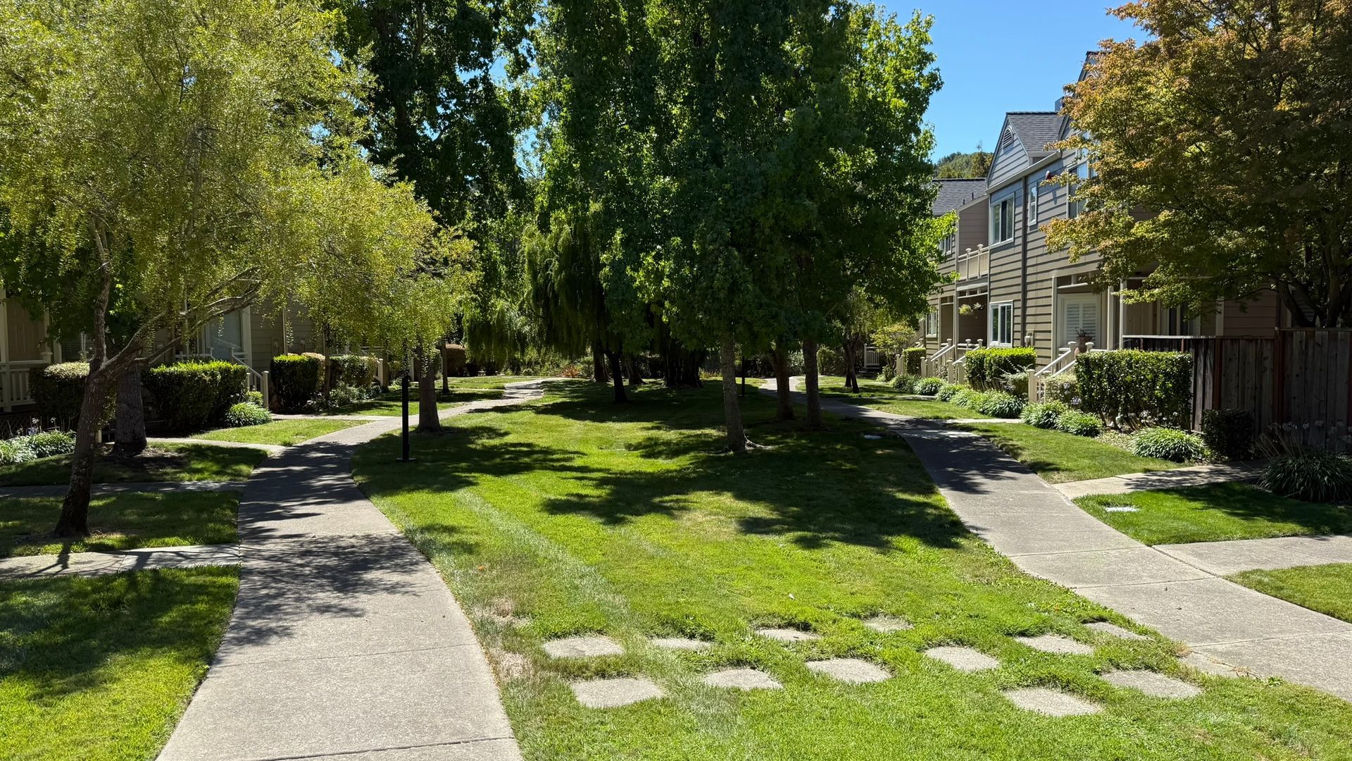 Green space with paths, trees, and townhouses under a sunny sky.