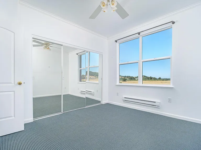 Empty bedroom with blue carpet, white walls, mirrored closet, and a window with an outside view.
