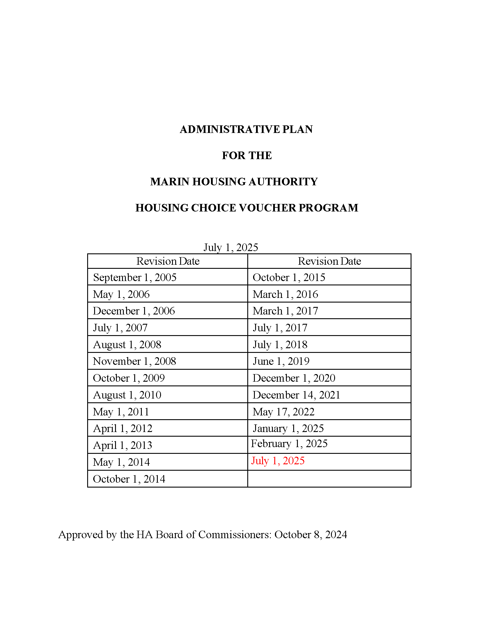 Administrative Plan for the Housing Choice Voucher Program