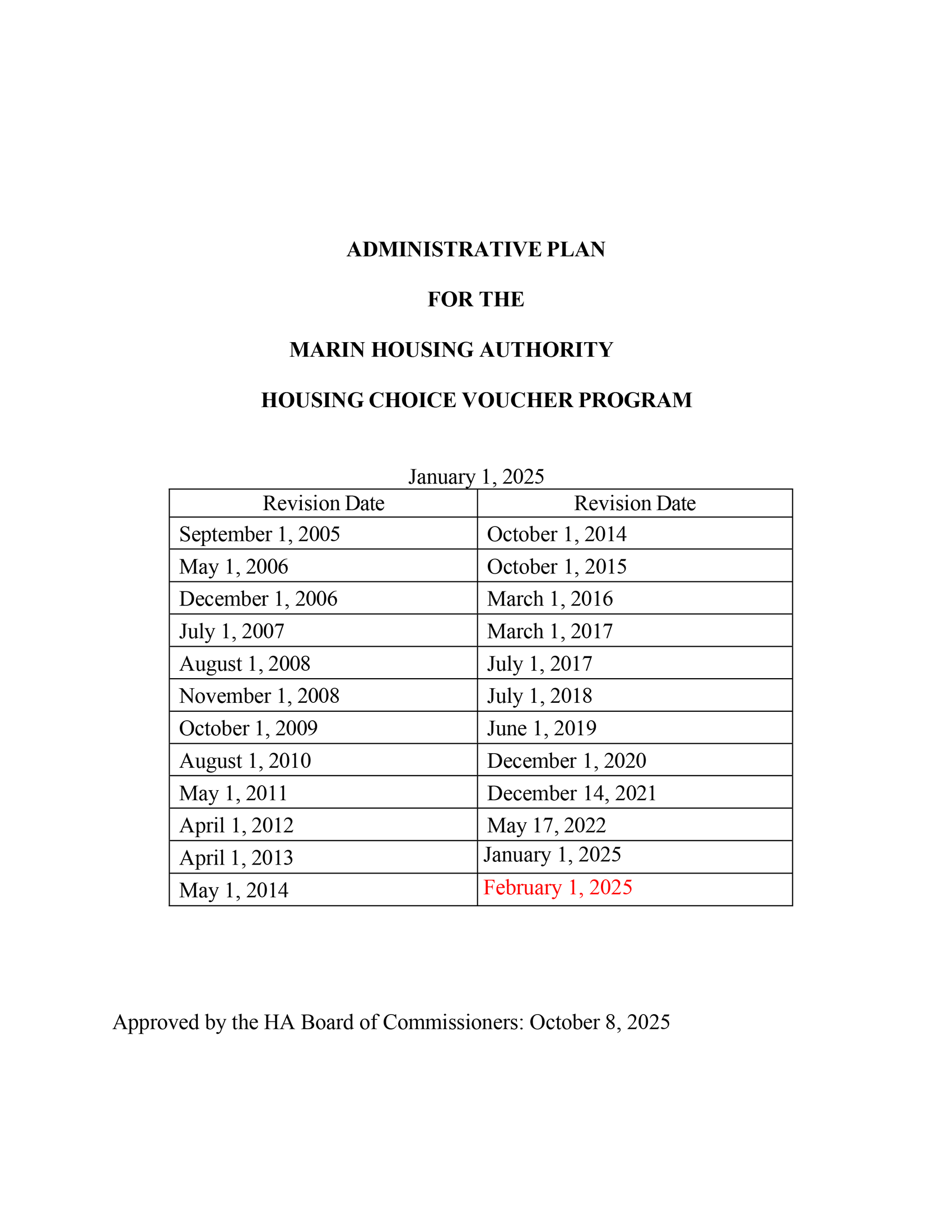 Administrative Plan for the Housing Choice Voucher Program