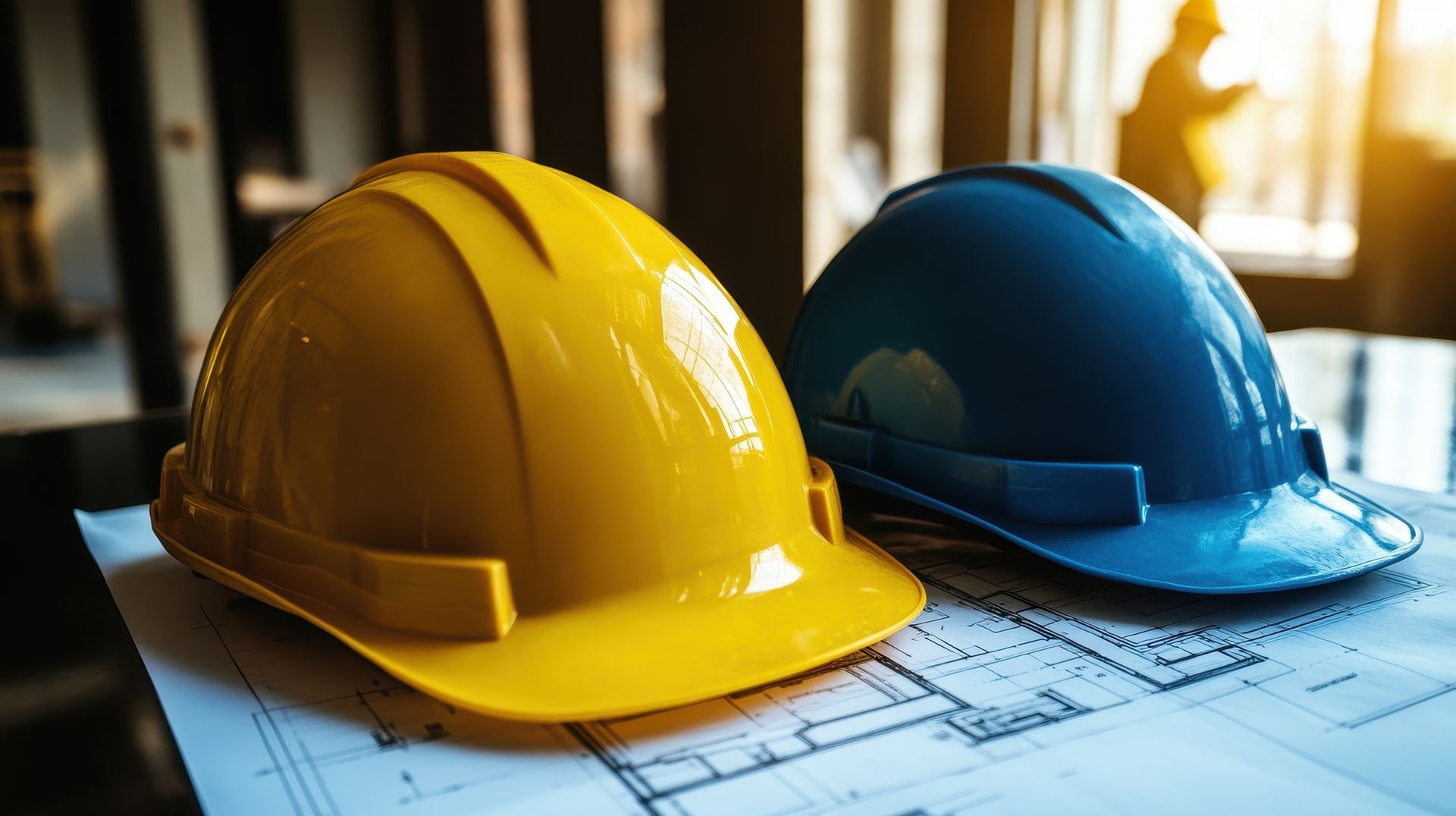 Two hard hats are sitting on top of a blueprint on a table.