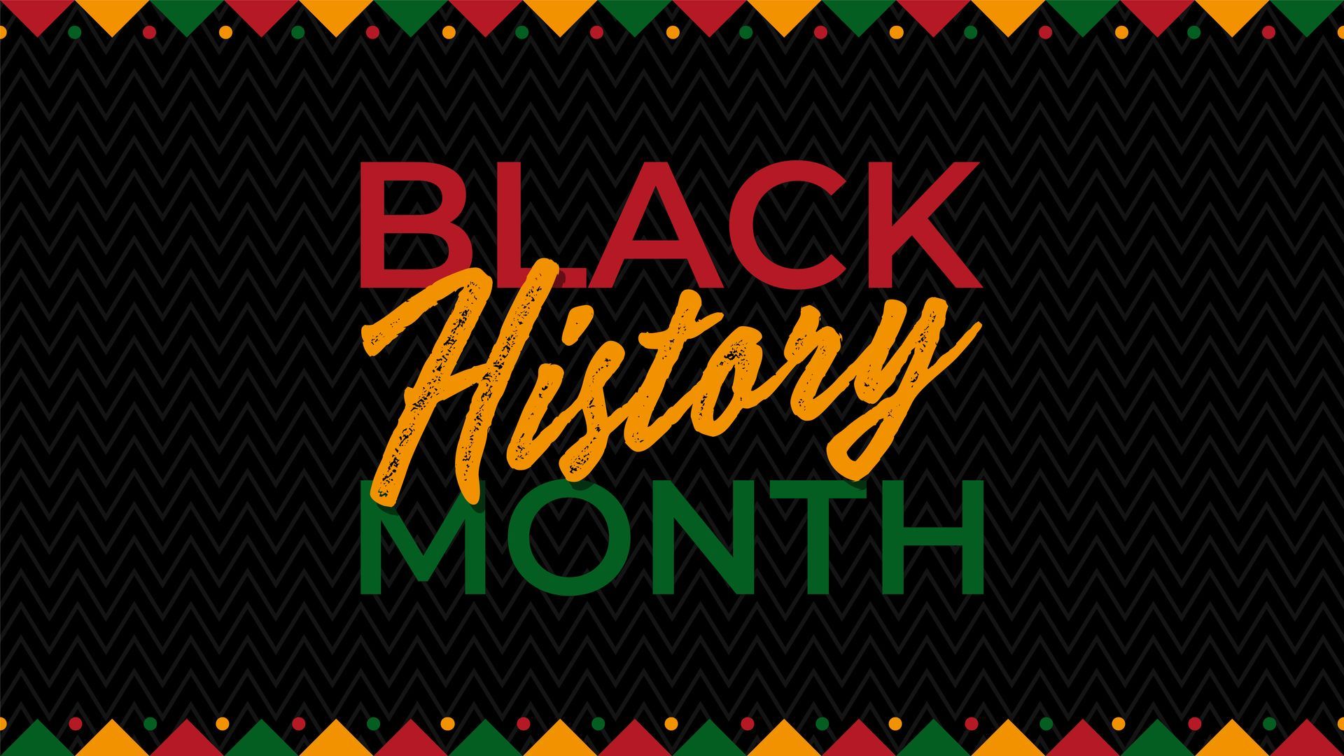 Black History Month text on a black background, framed by decorative orange, green, and red triangles.