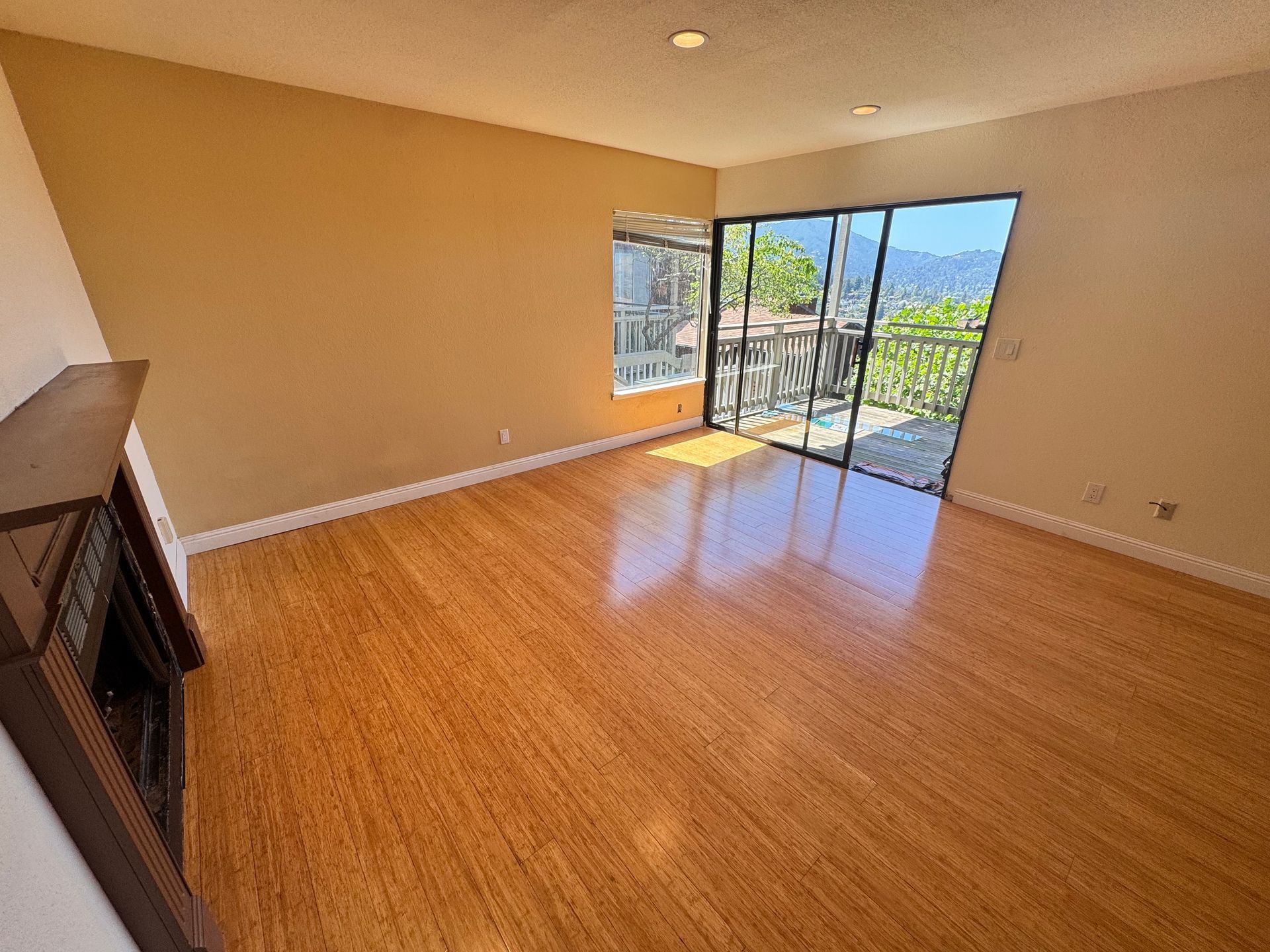 An empty living room with hardwood floors , a fireplace and sliding glass doors.