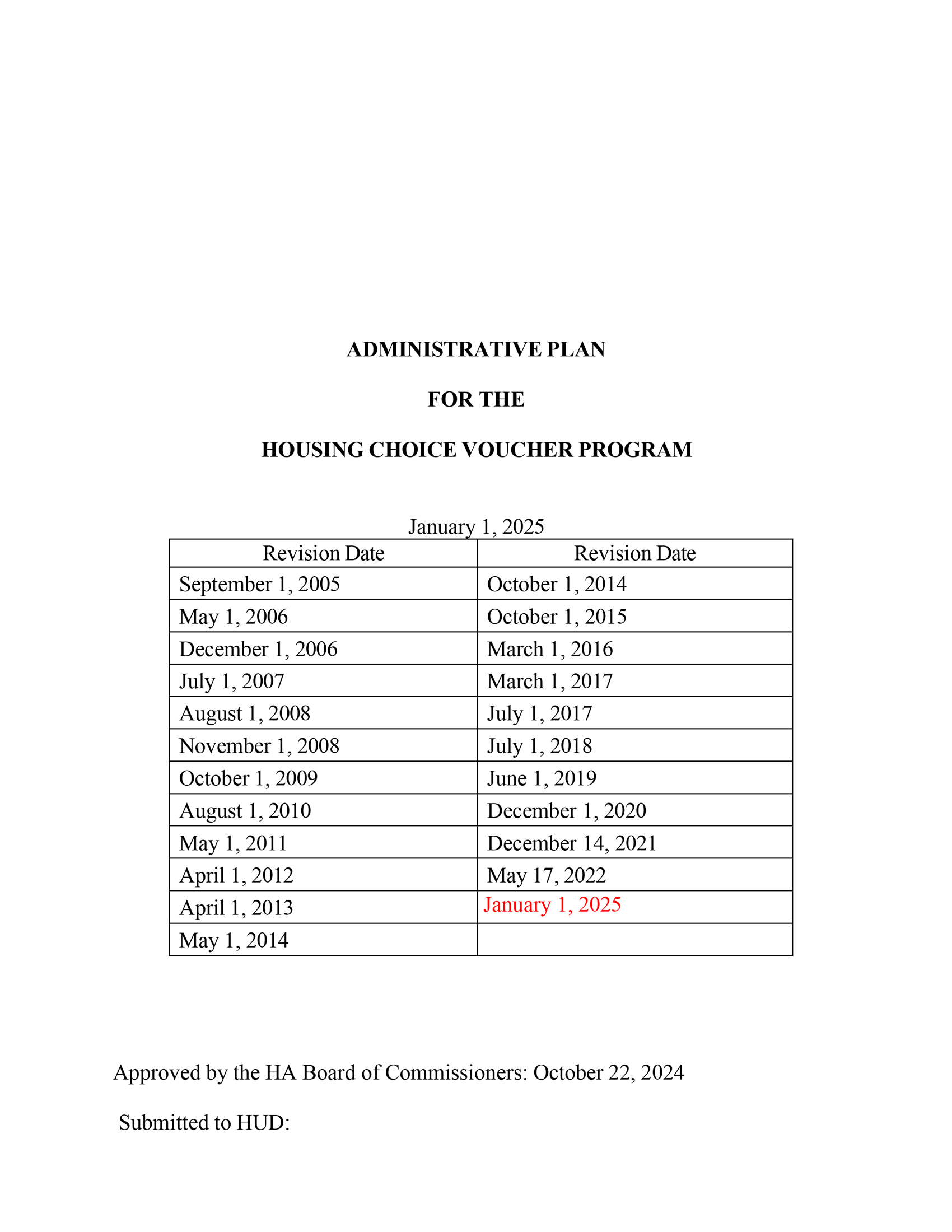 Administrative Plan for the Housing Choice Voucher Program