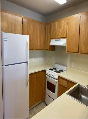 A kitchen with a refrigerator stove and sink