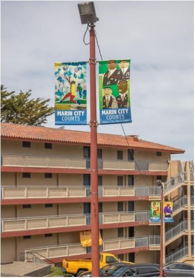 A pole with two banners on it that say marin city sports