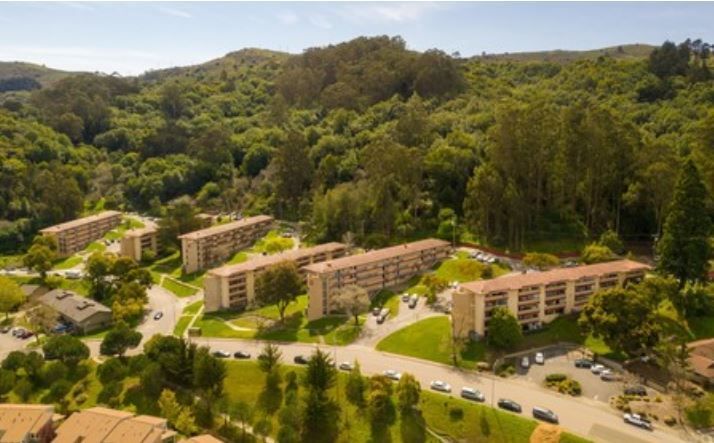 An aerial view of a residential area surrounded by trees and buildings.