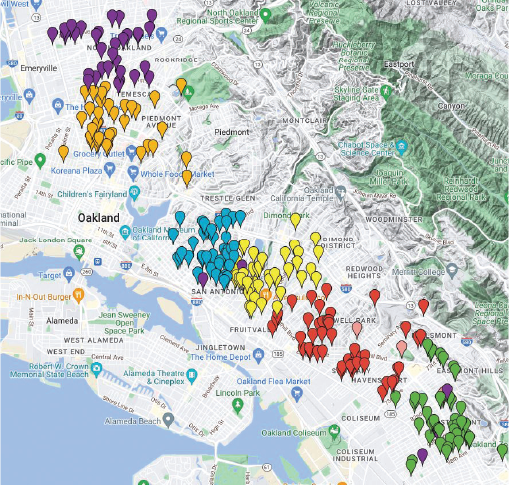 A map of oakland with a lot of pins on it