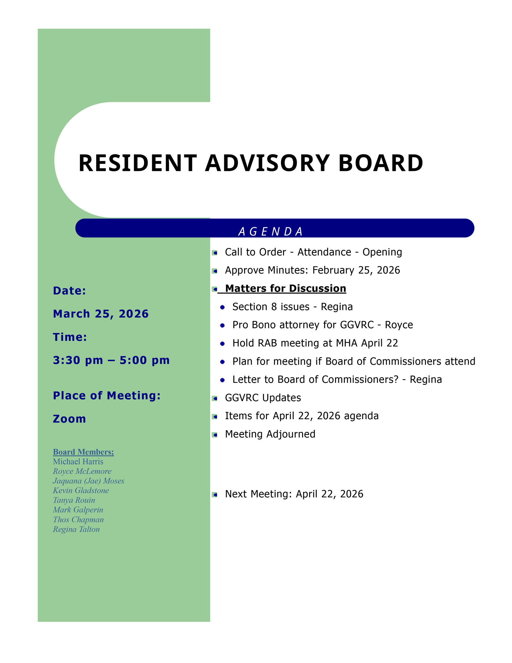March 2026 agenda