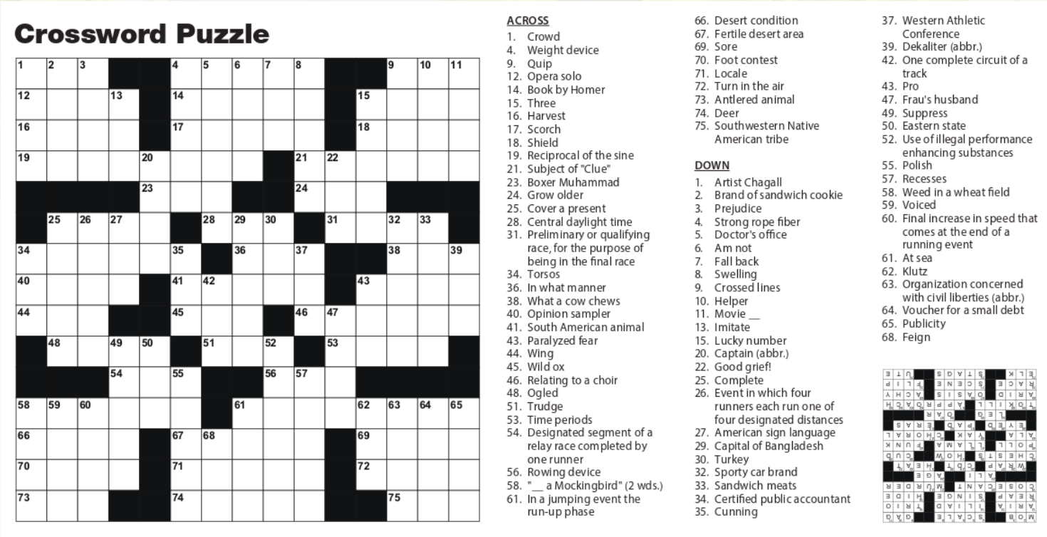 A crossword puzzle grid with a numbered list of clues for across and down entries on the right side.