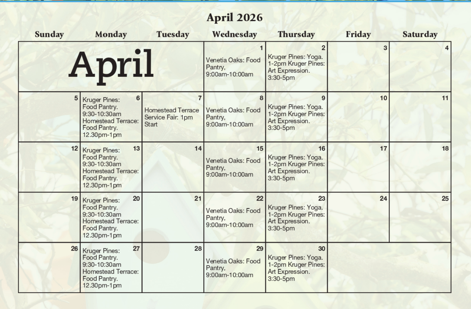 April 2026 calendar showing recurring food pantry, yoga, and support group events scheduled throughout the month.