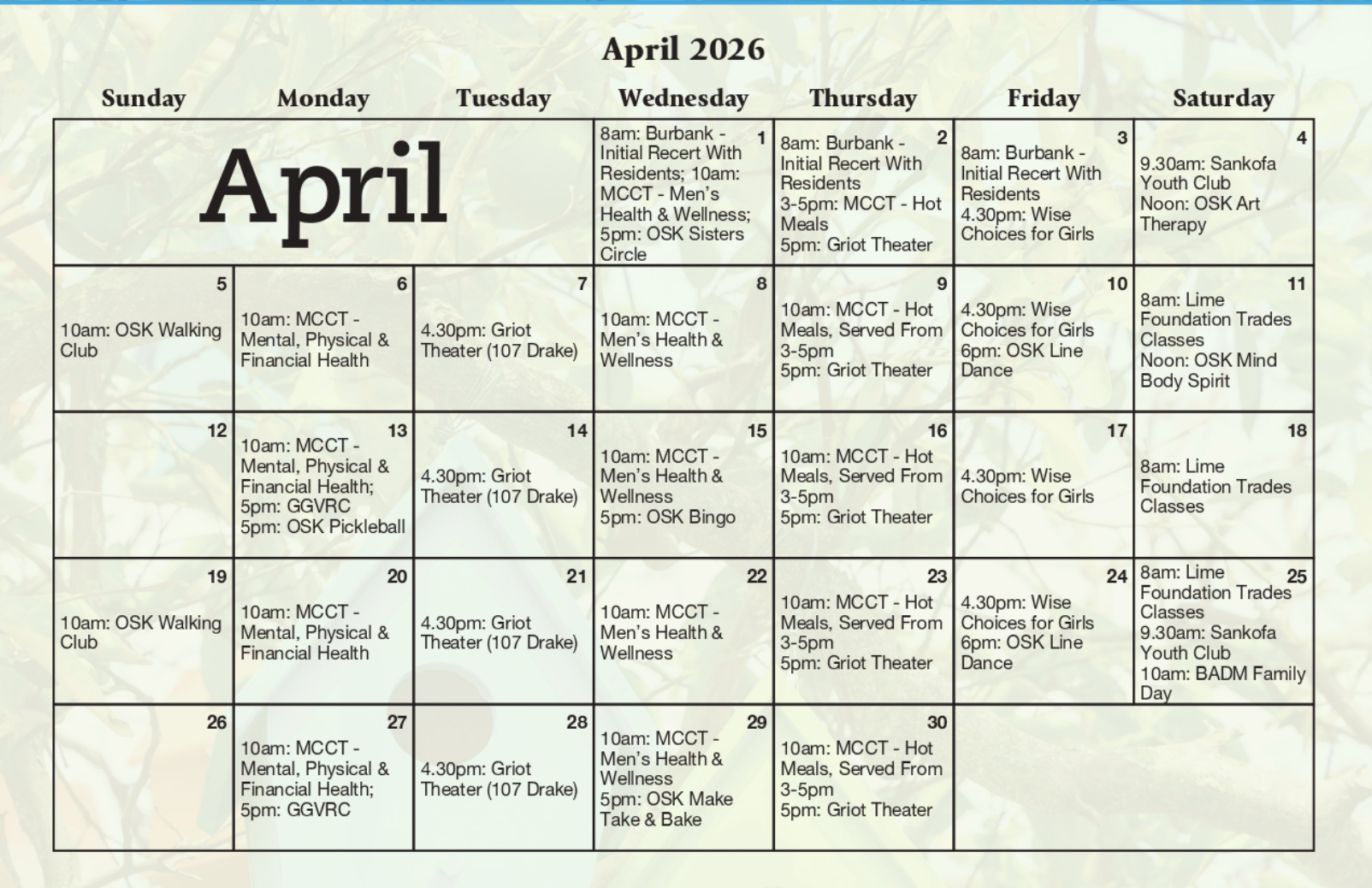 April 2026 calendar showing daily scheduled events and community meetings organized by date.