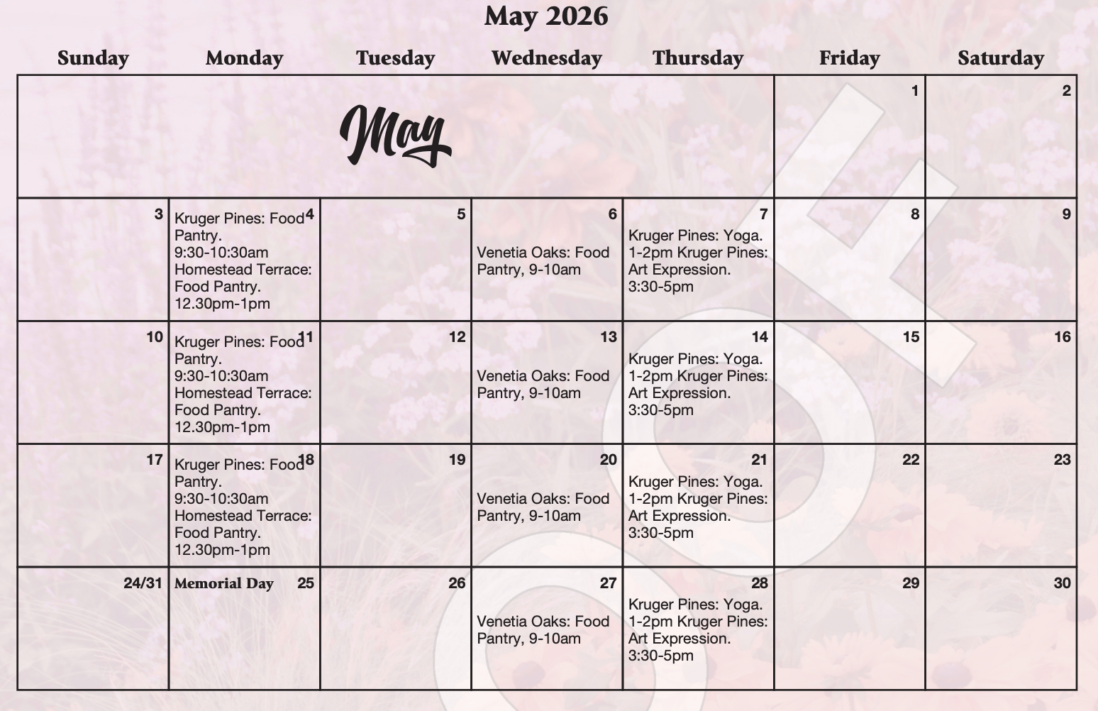May 2026 calendar with a pink “May” header and handwritten event notes on several dates.