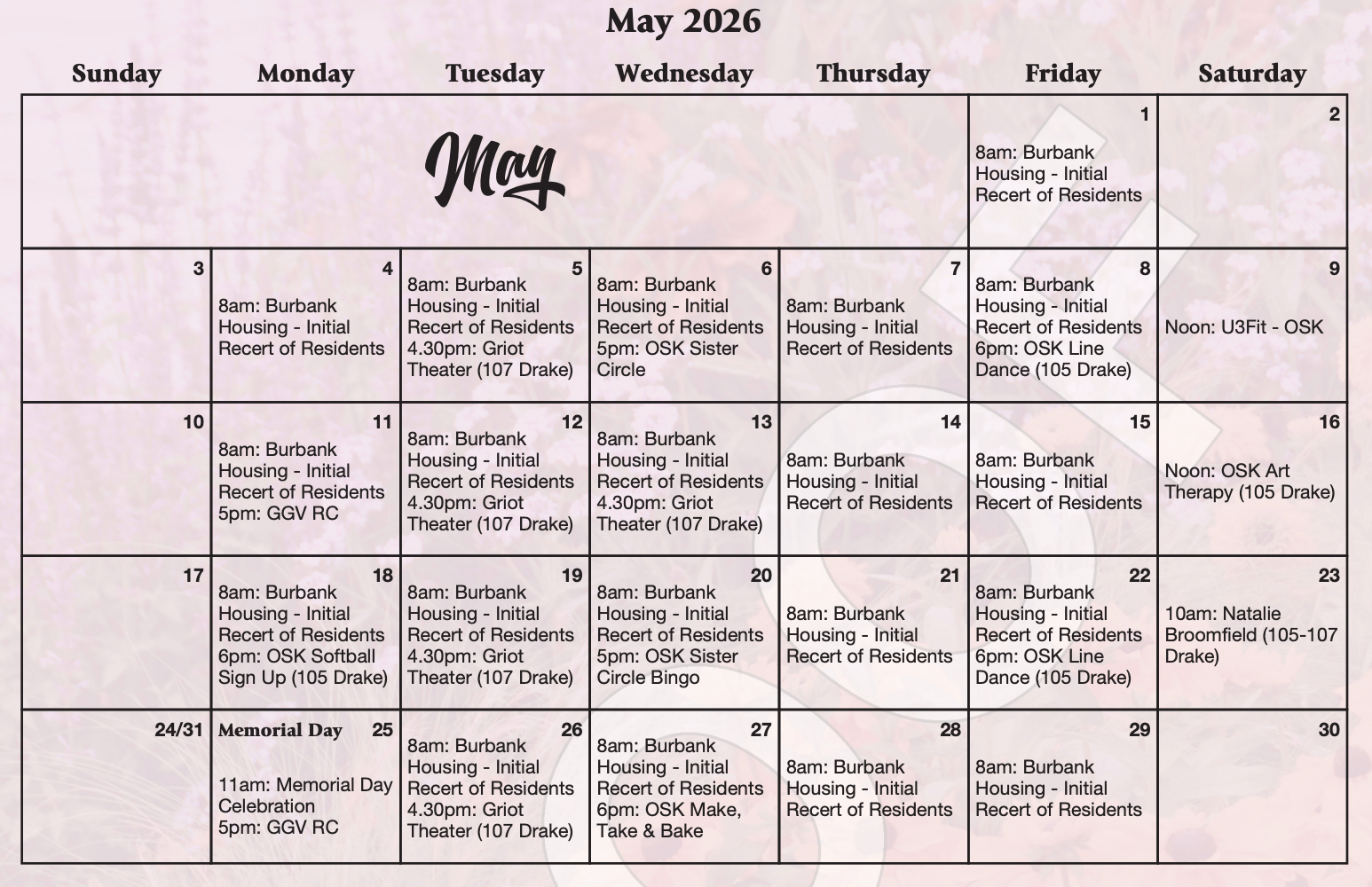May 2026 monthly calendar with handwritten notes and events in a grid layout