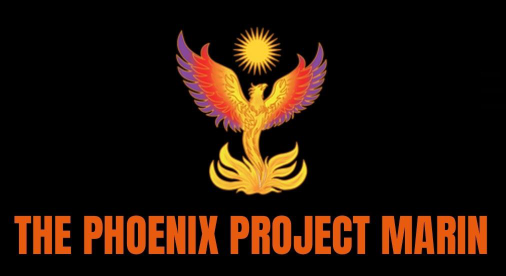 A logo for the phoenix project marin with a phoenix and sun