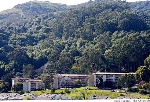 Apartment buildings below a lush green hillside.