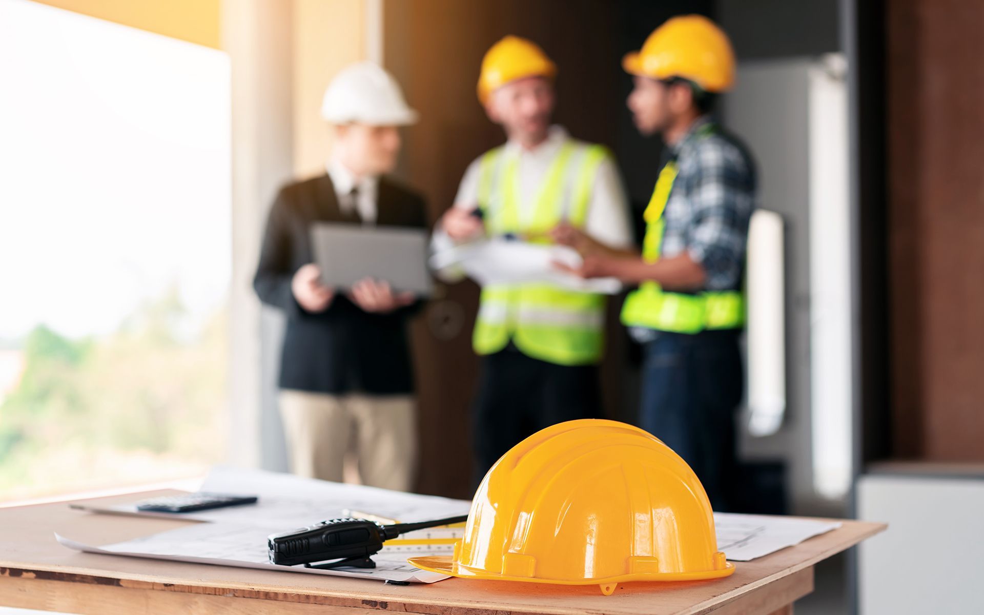 Yellow hard hat on a table with blueprints. Three construction workers in background, discussing.