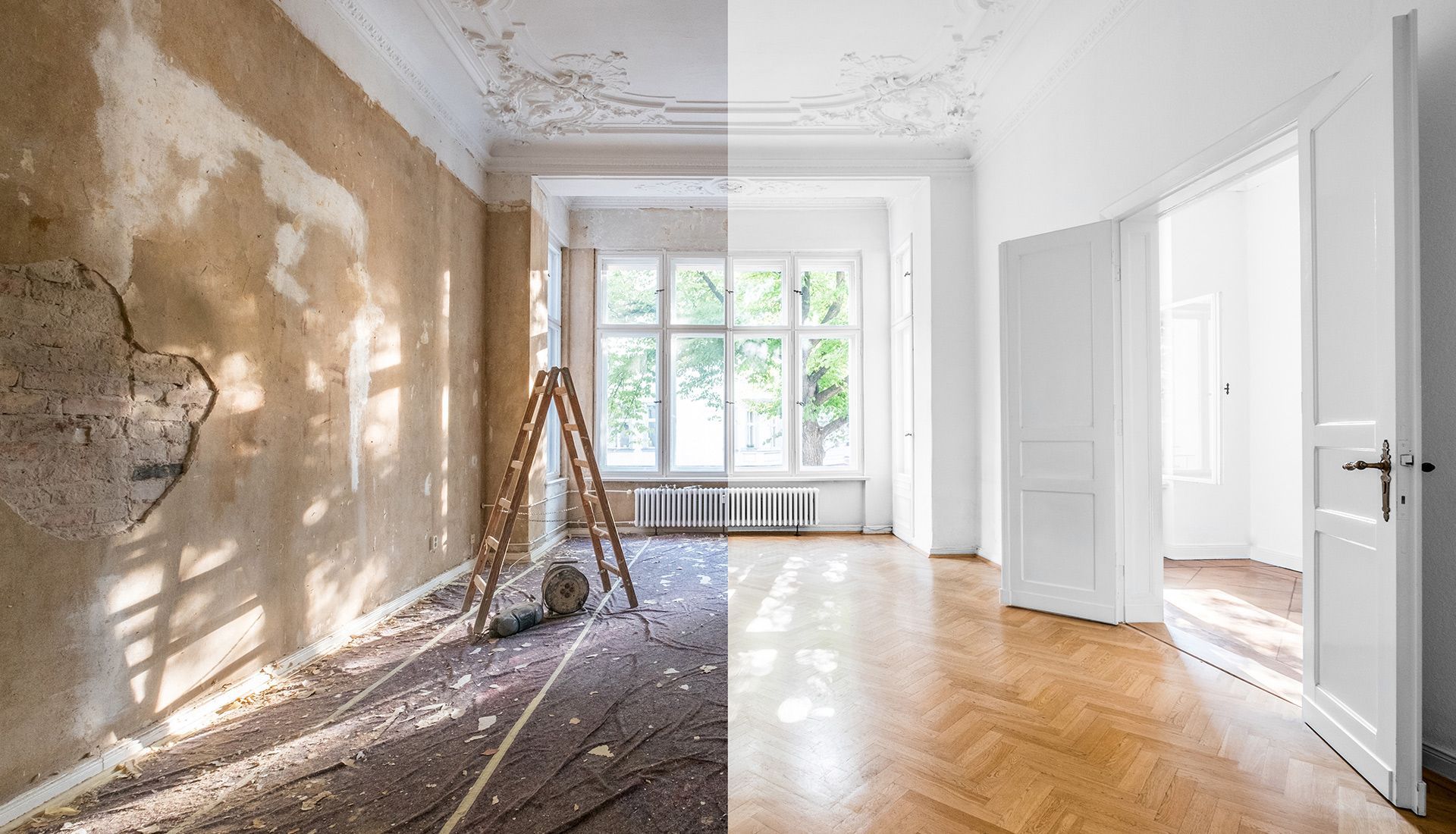 Room renovation before/after: peeling plaster wall, ladder, and old floor compared to white walls.