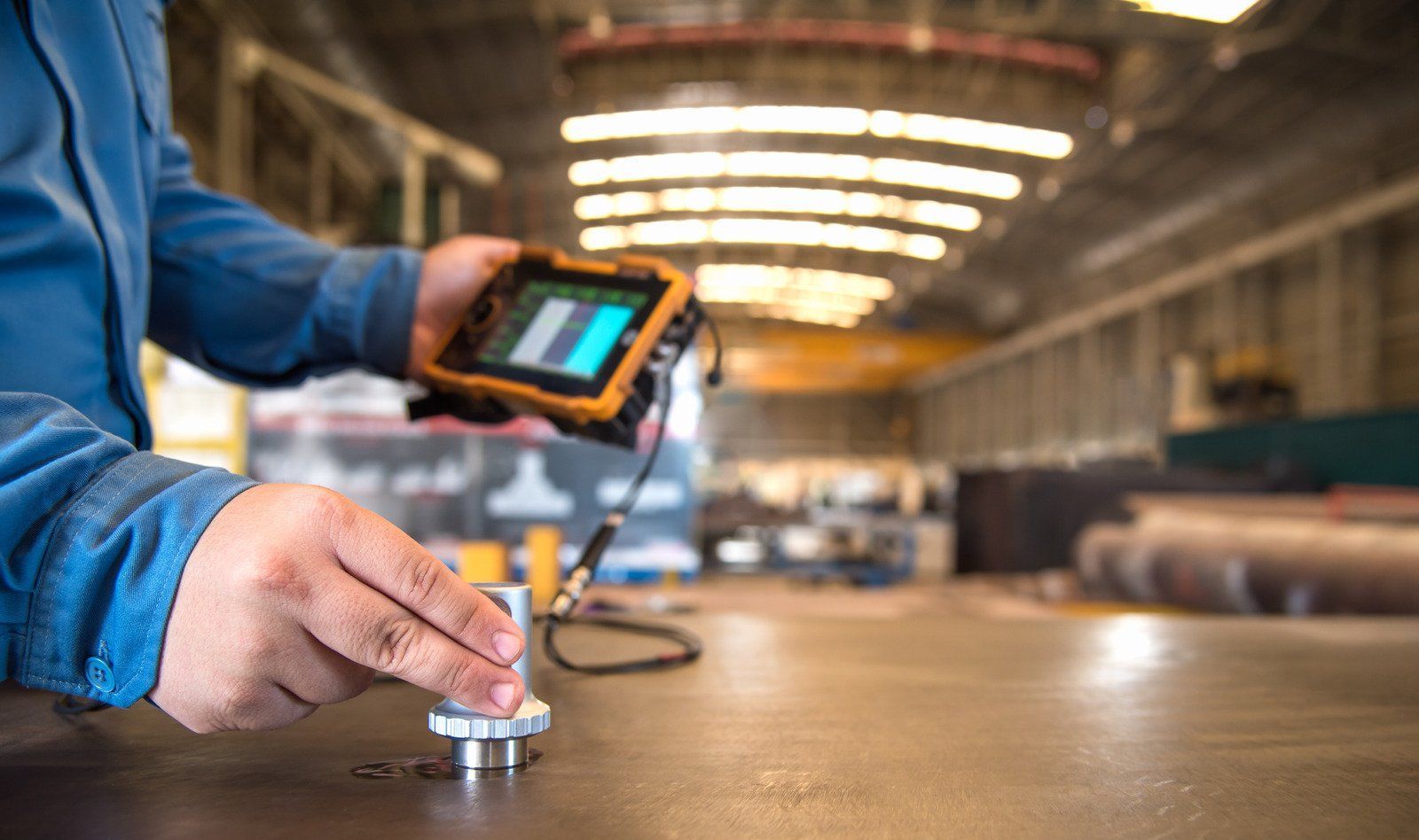 A person using an ultrasonic testing device on a metal surface in a workshop.