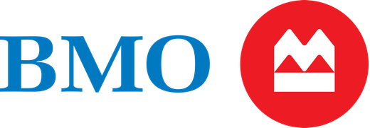 BMO logo: blue letters next to a red circle with a stylized white mountain range.