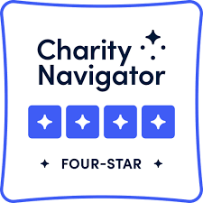 Charity Navigator Four-Star rating badge with blue and white colors and four star icons.
