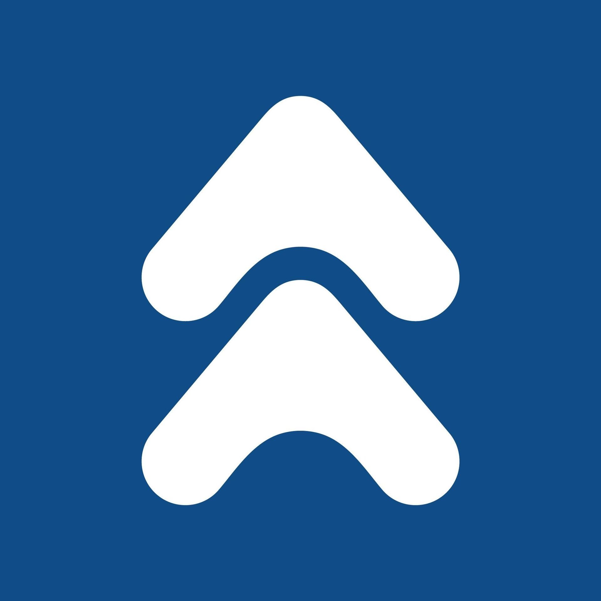 White double upward-pointing arrows on a blue background.