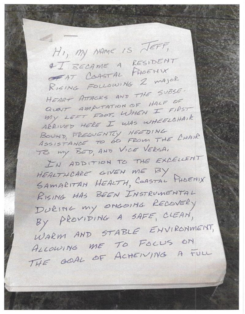 Handwritten note, partially visible, about residing at Coastal Practice. Mentions health and recovery, clean and stable environment.