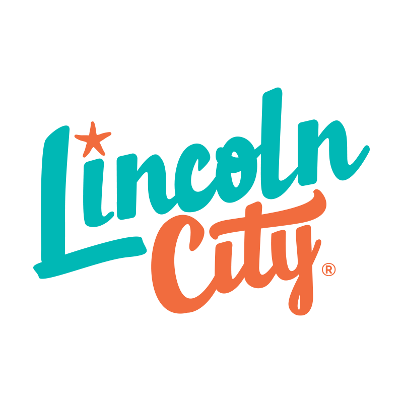 Lincoln City logo with turquoise "Lincoln" and orange "City" text. A red star dots the "i".