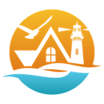 Lighthouse, house silhouette, and seagull over blue waves and orange sun.