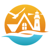 Lighthouse, house silhouette, and seagull over blue waves and orange sun.