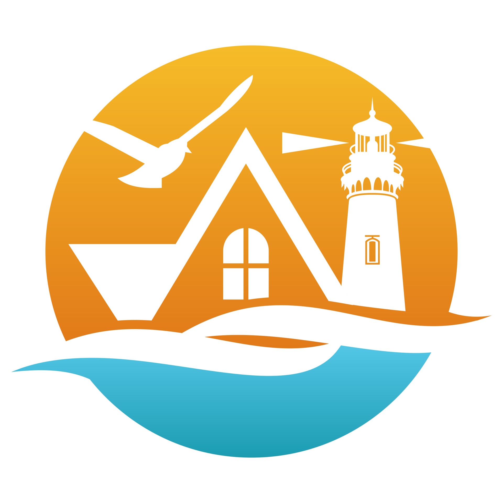 Coastal logo: house and lighthouse in orange circle, seagull, blue waves.