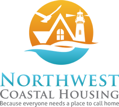 Logo: Lighthouse, house, and seagull over blue waves with orange sun. Text: Northwest Coastal Housing.