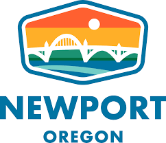 Newport, Oregon logo: Bridge silhouette, ocean, sunset colors, surrounded by a blue hexagon border.