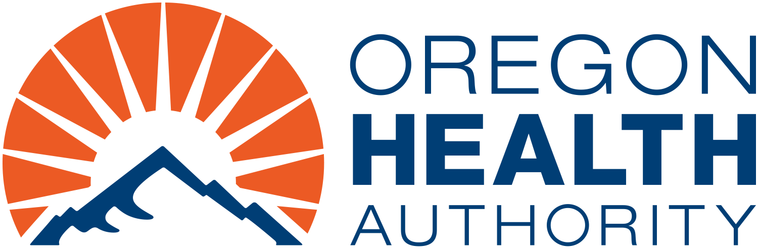 Oregon Health Authority logo with orange sun, blue mountains, and dark blue text.