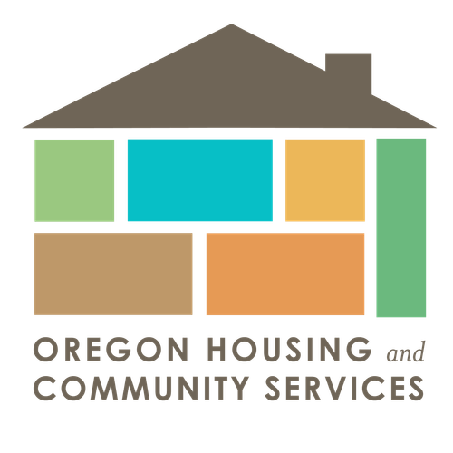 Logo of Oregon Housing and Community Services: House graphic with colorful rectangular sections. Text below.