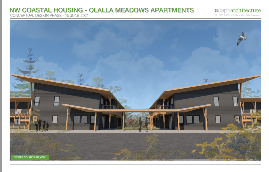 Rendering of Olalla Meadows Apartments in NW Coastal Housing style with dark exterior and angled roof.