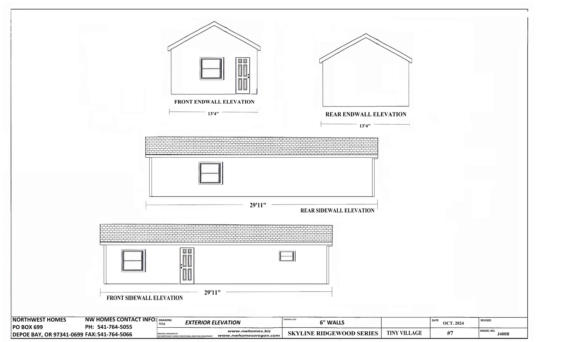 Architectural drawing of a small house with front and side elevations, roof plan, and dimensions in a top-down view.